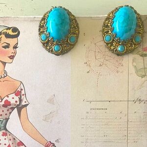 Vintage Faux Turquoise Clip On Earrings. Made in West Germany.